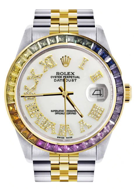 Diamond Gold Rolex Watch For Men 16233 | 36Mm | Rainbow Sapphire Bezel | Diamond White Roman Numeral Dial | Jubilee Band