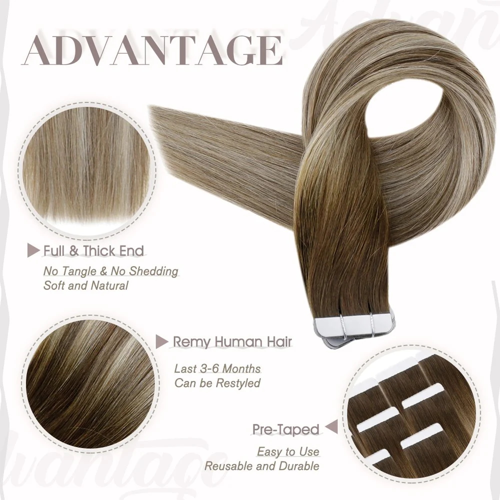 Full Shine Tape in Hair Extensions 100% remy Human Hair Balayage (#3/8/22)