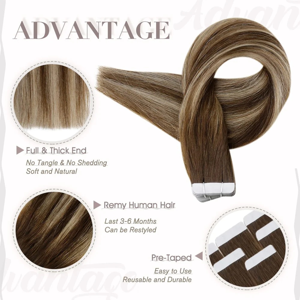 Full Shine Tape in Hair Extensions 100% remy Human Hair Balayage Highlights(#4/4/27)