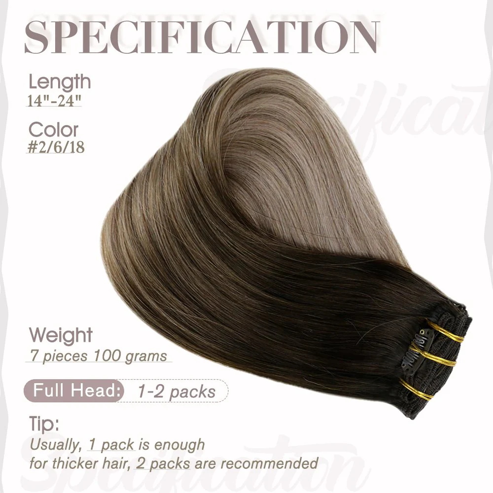 Full Shine Clip in Extensions 100% Remy Human Hair Balayage (#2/6/18)