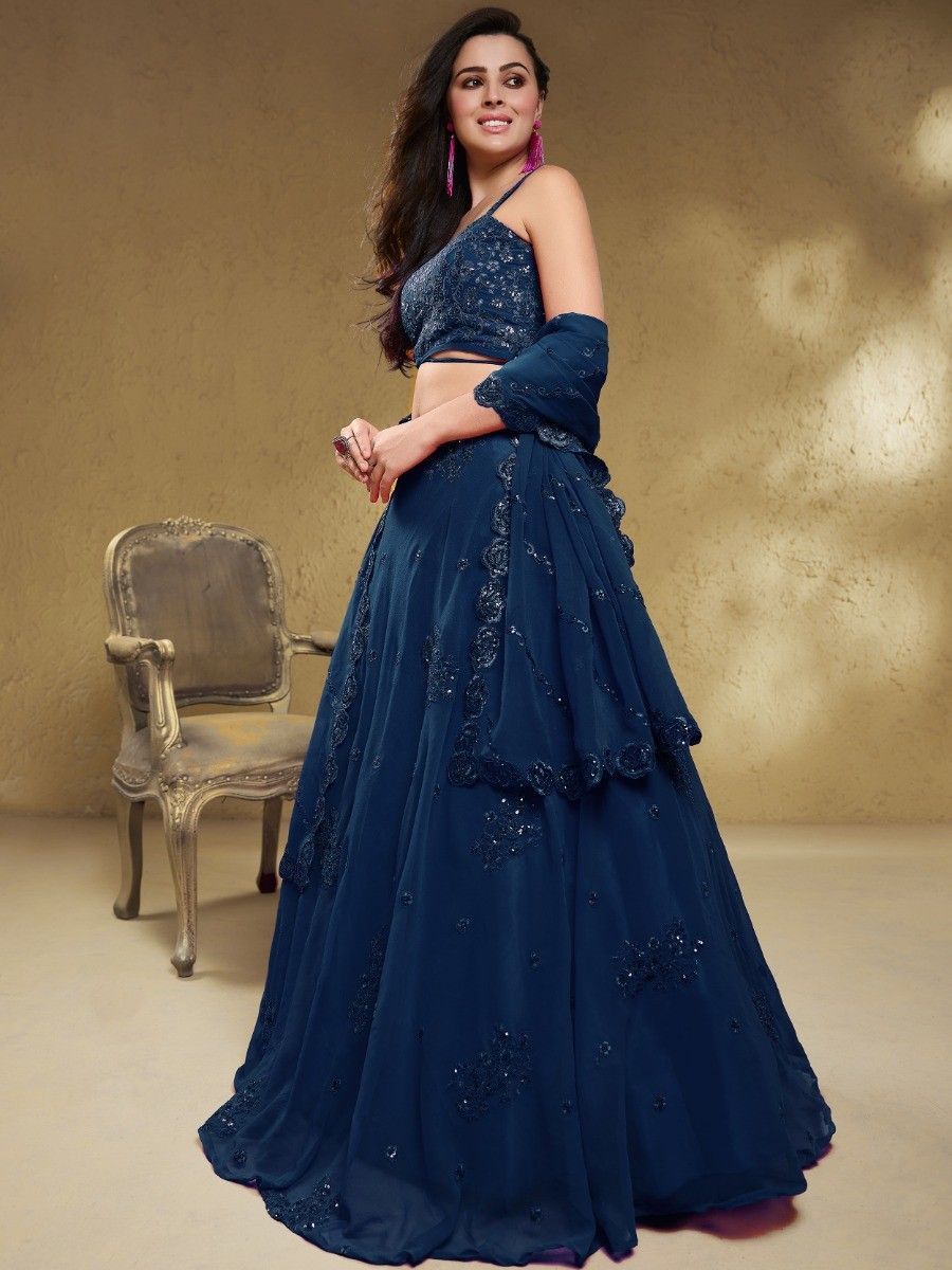 Navy Blue Sequins Georgette Reception Wear Lehenga Choli
