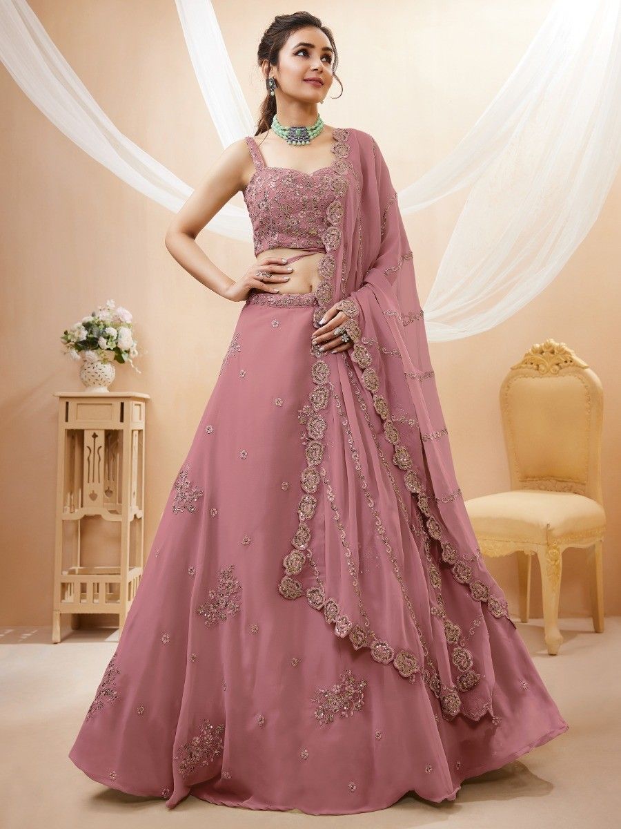  Pink Sequins Georgette Party Wear Lehenga Choli