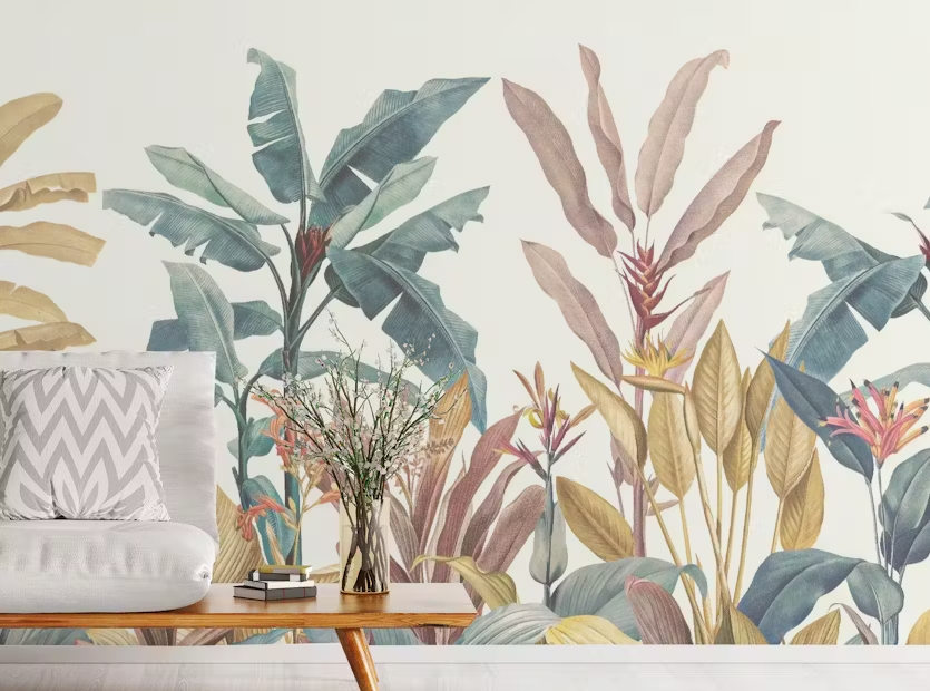 Dusty Pink Green Tropical Wallpaper Mural