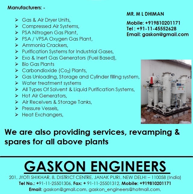 Low Pressure Air Drying Units, Gas & Air Dryer, Compressed Air Systems, PSA Nitrogen Gas Plant,  PSA Oxygen Gas Plant, Ammonia Crackers, Purification Systems for Industrial Gases, Air Receivers & Storage Tanks, Pressure Vessels, Heat Exchangers, 
