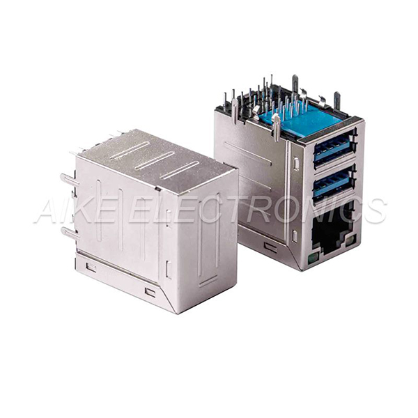 Connector RJ45 female 8P8C,Tab up, DIP TYPE With shell & LED + Double-deck connector USB 3.0 A Type Female,Right Angled, DIP type