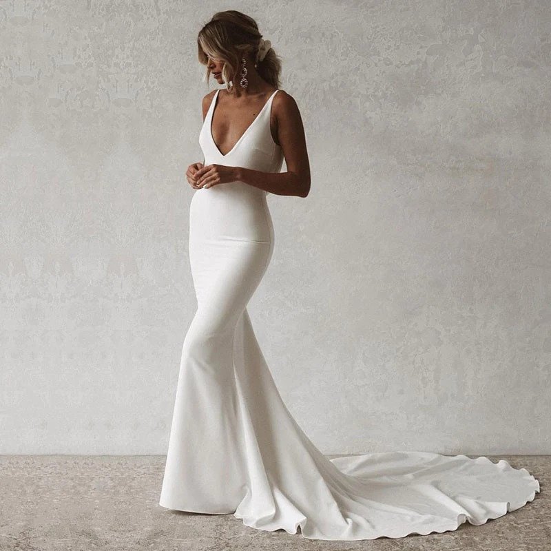 Sexy Satin Mermaid Wedding Dress V-Neck Open Back Boho Wedding Gown