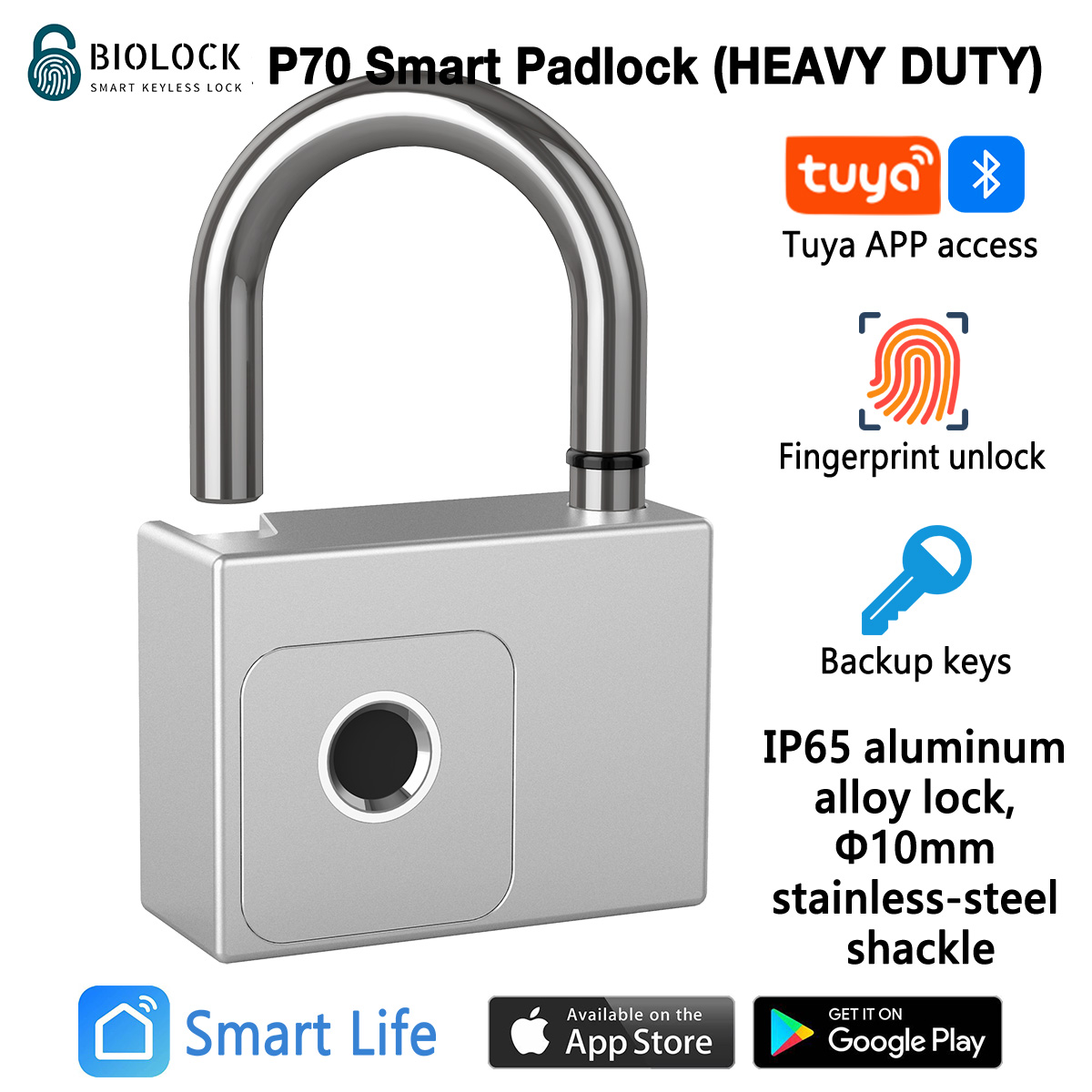 BioLock P70 Smart Padlock (heavy duty type) Bluetooth Tuya Smart Life APP access, Fingerprint ID and backup keys